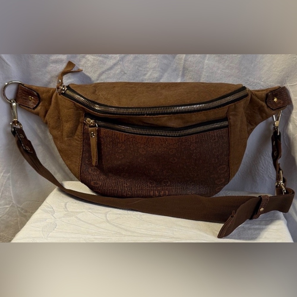 Brown Suede and Fabric Crossbody Fanny Pack Bag